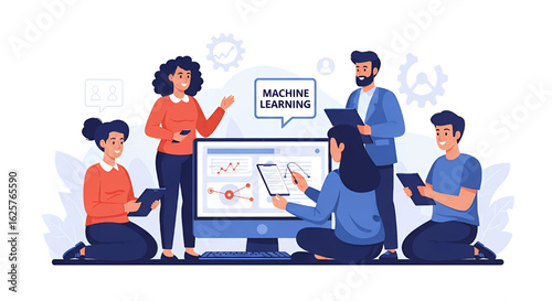 Team of developers analyzing data on a computer for a machine learning system innovation.