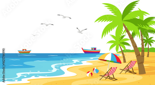 Serene Seaside Escape: An Illustration of Tropical Beach Paradise with Palm Trees and Tranquil Waves