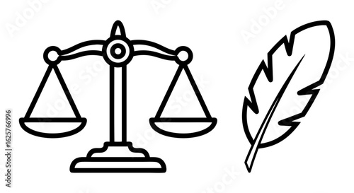 Justice balanced with a quill, outlining legal traditions and impartial judgement, a vector image symbolizing law and fairness through classic symbols
