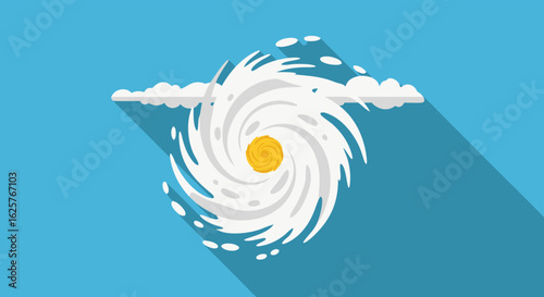 Graphic depiction of a severe tropical cyclone swirling against a blue sky backdrop with light cloud cover indicating the sheer force and