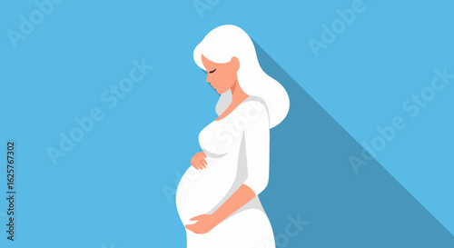 Minimalist illustration of a pregnant woman with serene expression and soft flowing lines, symbolizing the anticipation of motherhood and the joy of