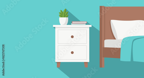 Illustration of a Modern Bedroom Interior with Bedside Table and Decorative Elements in Muted Tones