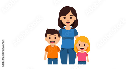 Joyful vector illustration displaying a mother with her son and daughter exuding familial warmth and happiness, rendered in a friendly cartoon style