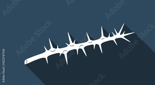 Abstract botanical illustration featuring a stylized thorny branch on a dark backdrop with long shadow effect creating contrast and depth