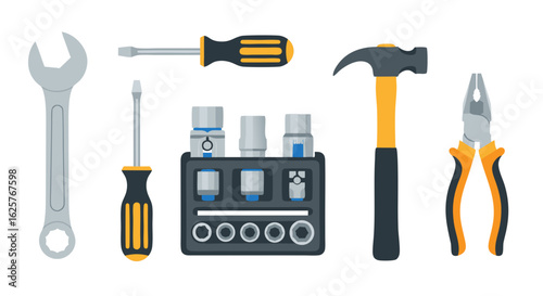 Assortment of Essential Hand Tools for Home Improvement and Repair Projects Flat Vector Illustration