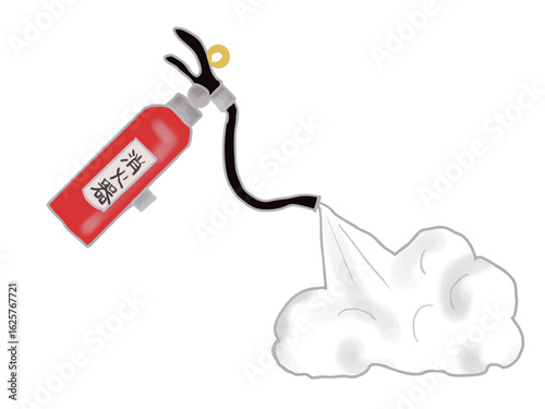 Illustration of a scene where extinguishing agent comes out of a fire extinguisher hose