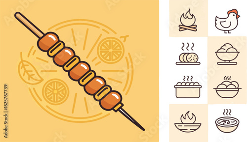 Chicken Skewer illustration vector design, Chicken Skewer logo and icon design, Chicken kebab vector design