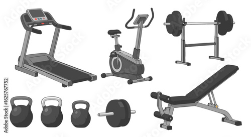 Gym Equipment Illustration: Treadmill, Exercise Bike, Weights, and Bench for Home Fitness and Training Motivation