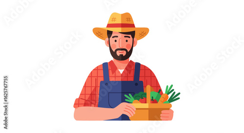 Farmer Carrying a Basket of Fresh Vegetables, Showcasing Local Harvest and Rural Charm, Isolated on White Background, Flat Design Style Portrayal