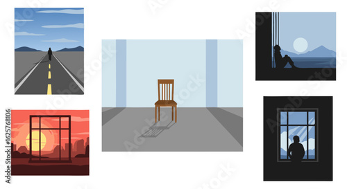 Illustrative Collection of Solitude and Reflection Depicting Loneliness and Introspection Through Various Symbolic Visuals