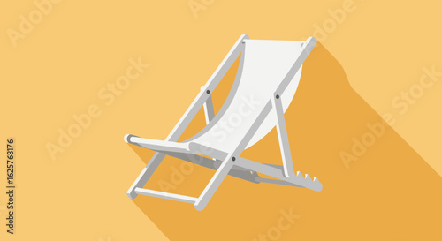 Minimalist Beach Scene: White Deck Chair on Soft Yellow Background, Evoking Serenity and Relaxation with a Long Shadow Casting a Sense of Warmth and