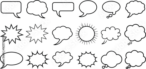 Collection of blank speech bubbles, thought clouds, comic explosion shapes, chat icons, message balloons, dialogue symbols, communication vectors, empty text bubbles, cartoon style