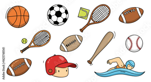 Whimsical Collection of Sport Equipment Depicting Recreational Activities and Team Engagement for Athletic Pursuit