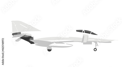 Stylized vector illustration depicting military aircraft, fighter jet with landing gear extended, isolated against plain white background