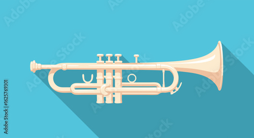 Trumpet Musical instrument illustration with long shadow on aqua background for use in jazz themed posters or educational resources