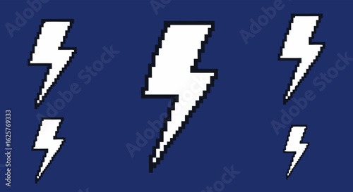 Retro-Inspired Pixel Art: A Collection of Stylized Lightning Bolts on a Dark Blue Backdrop generating a dynamic and electrifying visual