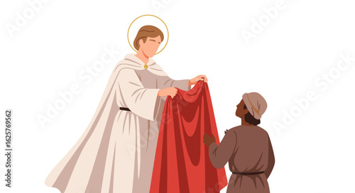 Symbolic illustration portraying an act of generosity offering warmth and aid in vibrant colors and a hopeful religious narrative