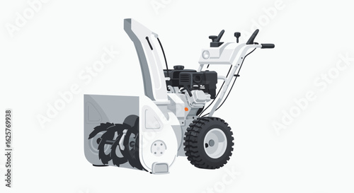 Detailed Illustration of a Modern White Snow Blower on a Plain White Backdrop for Winter Season Preparation