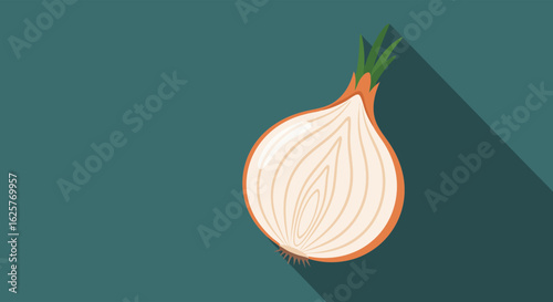 Minimalist depiction of a halved onion with green sprouts and a long shadow on a teal background
