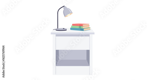 Serene bedside composition: A table lamp casting gentle light upon stacked books atop a pristine white nightstand drawing inspiration for tranquil