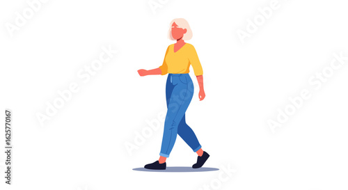Blond woman strolls with effortless style, showcasing modern casual fashion and confident movement, demonstrating everyday life activities