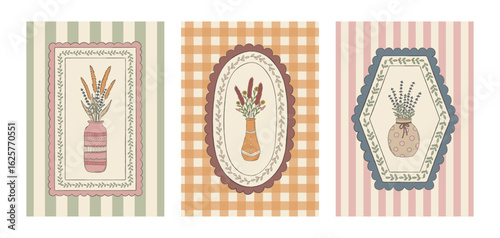 Vintage cottagecore posters set with hand drawn flower vases, delicate floral frames, fried autumn flowers, lavender. Cozy rustic cards collection.