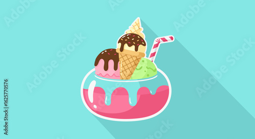 Whimsical ice cream creation in a cartoon style with a blue background offering a sweet treat and summer indulgence for a refreshing dessert concept