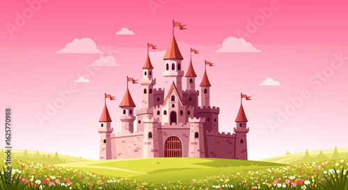 Enchanting Pink Castle with Flags Amidst a Floral Meadow in a Serene Cartoon Landscape