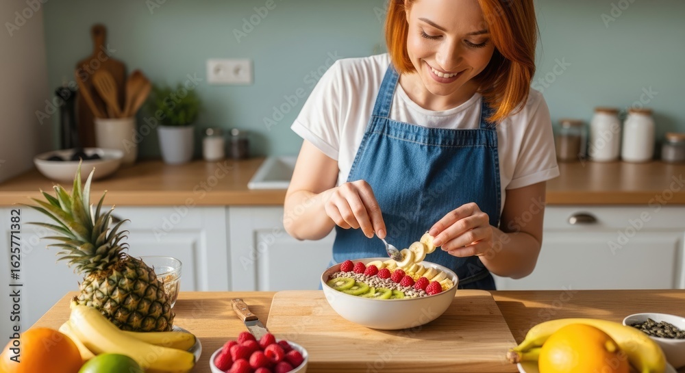 A woman in a kitchen preparing a fruit bowl with a pineapple, banana, and berries. A woman in a kitchen preparing a fruit bowl with a pineapple, banana, and berries.