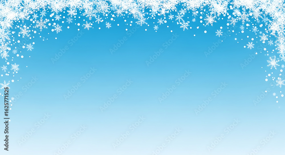 Fototapeta premium A winter background with an arch of falling white snowflakes on a light blue gradient.