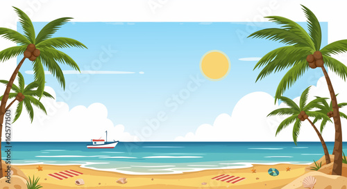 Tropical seaside bliss with palm trees, golden sand, and clear turquoise waters illustration