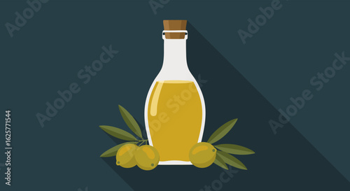Elegant still life illustration featuring a bottle of golden olive oil with fresh olives and leaves, minimalist style