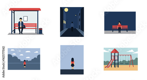 Contemplative moments in minimalist illustrations, capturing solitude and human experience across diverse urban and natural settings