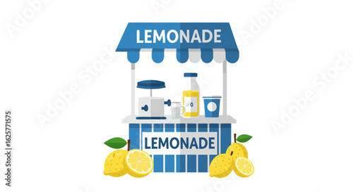 Vibrant lemonade stand illustration with fresh lemons displaying summertime refreshment offering and promoting small local business operations