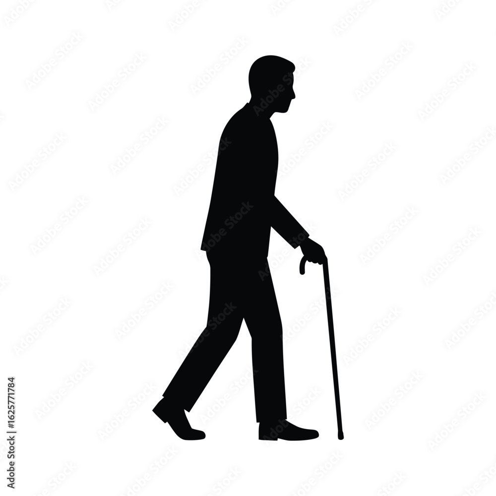 Fototapeta premium Silhouette of an old man walking with a cane, isolated on white background a senior person using a walking stick for support and mobility assistance