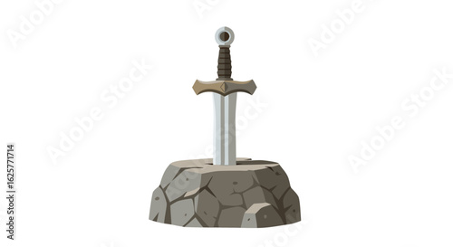 Enchanted steel fixed in stone, a timeless artifact in mystical vector illustration, a digital art piece reflecting power and destiny in cartoon