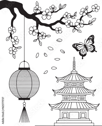 Charming Japanese pagoda, lantern, and cherry blossoms with butterfly