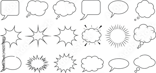 Set of blank speech bubbles, thought clouds, explosion shapes, comic message balloons, dialogue icons, communication symbols, empty talk bubbles, cartoon style design