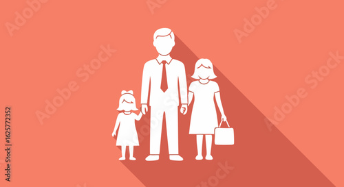 Father and his two daughters minimal vector illustration in flat design with a long shadow on a pale red coral background