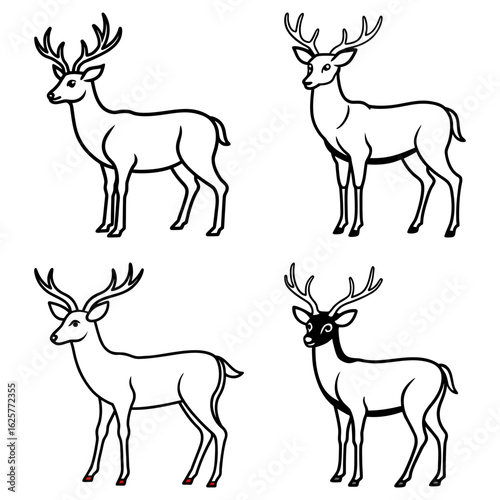 Four outlined deer with antlers standing in various poses in a square format with a white background
