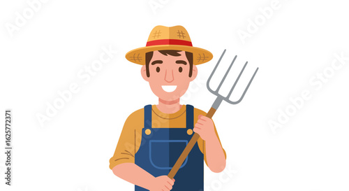 Cartoon Farmer Holding Pitchfork and Smiling Isolated on a White Background Depicting Agricultural Work, Farming, Cultivation, and Rural Lifestyle