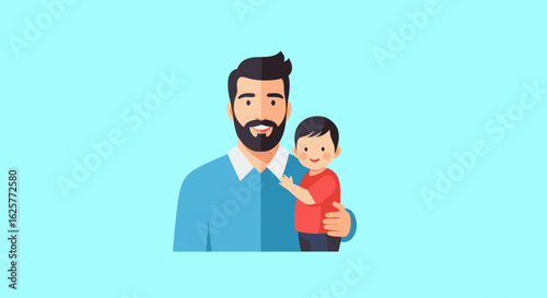 A Tender Moment: Flat Vector Illustration of a Loving Father Holding his Son close to him with Light Blue Backdrop