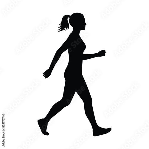 Silhouette of a woman walking, isolated on white background, showcasing a healthy and active lifestyle with fitness and exercise in a dynamic side view