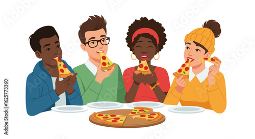 Diverse group of friends enjoying pizza together around a table, showcasing camaraderie and the joy of sharing a delicious meal in a friendly setting