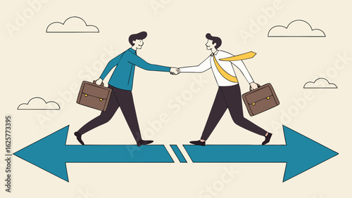 Businessmen shaking hands, bridging opposing arrows, modern minimalist style, collaborative success concept.