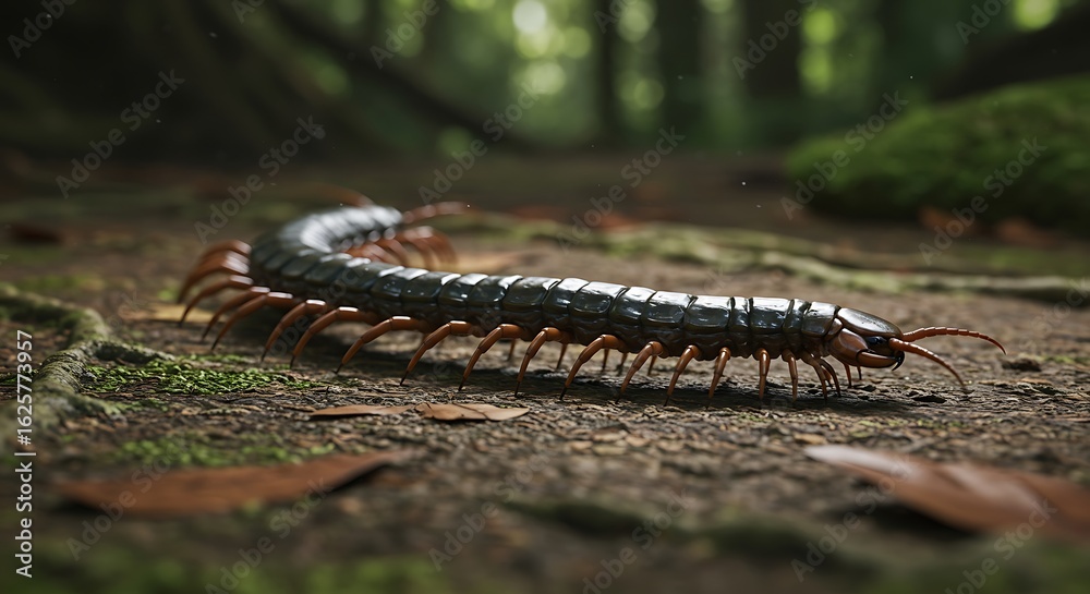 Detailed close-up of a centipede on forest floor. Detailed close-up of a centipede on forest floor.