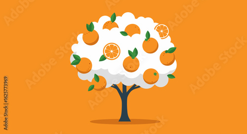 Stylized orange tree illustration against vibrant background demonstrating freshness and health, ideal for food related designs and digital artwork