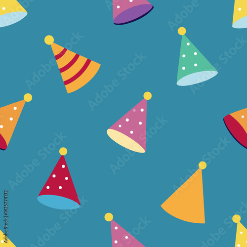 Colorful party hats seamless pattern on teal background