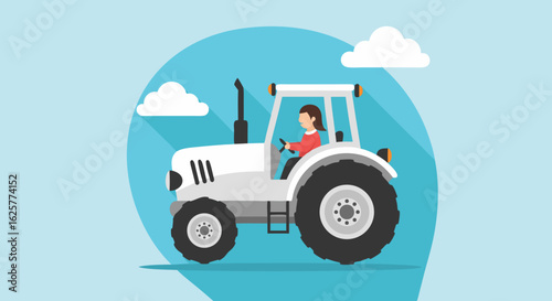 Flat vector illustration featuring a woman operating a white tractor against a blue sky with stylized clouds, suitable for agricultural