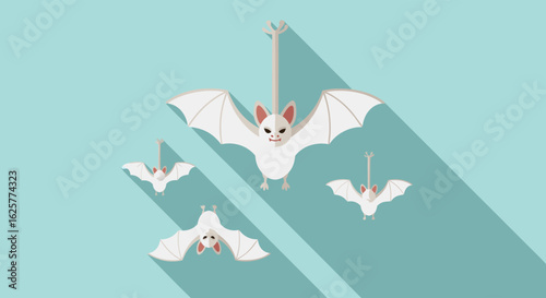 Minimalist vector art depicting white bats with elongated shadows against a muted teal background for Halloween themed design and illustration